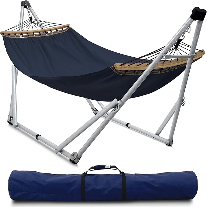 Tranquillo Ultimate Relaxation Portable Hammock Stand Foldable Hammock Stand with Canvas Hammock Spreader Bar Quick Fold Unfold in 30 Seconds Steel Frame Hammock 600 lbs Capacity White/Navy