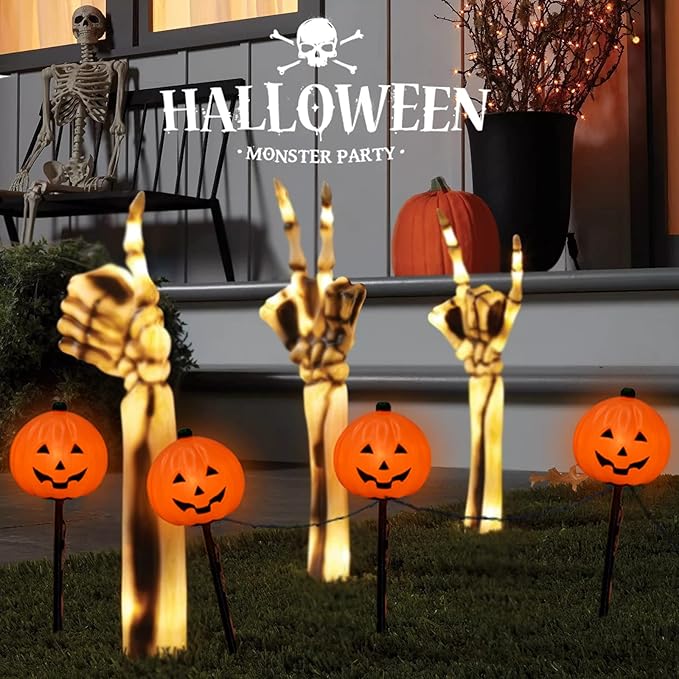 SUNSGNE Halloween Pathway Lights Outdoor Set of 4 Halloween Pumpkin Stake Lights Connectable Jack-O-Lantern Walkway Light for Holiday Garden Party Driveway Lawn Lighting Decor