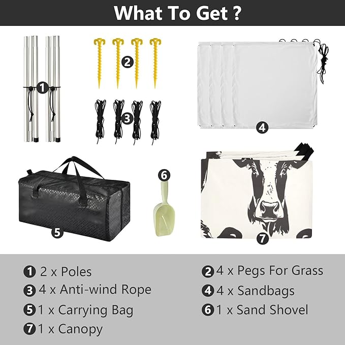 Cow Pattern Beach Tent Sun Shelter 9.2' x 10.5' Beach Canopy with 4 Sandbags 4 Stability Poles Sand Shovels - Tent Canopy for Beach Camping Fishing Picnics