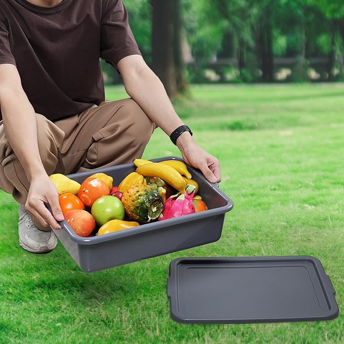 13 L Plastic Commercial Bus Box with Lid 3-Pack Restaurant Bus Bins Grey