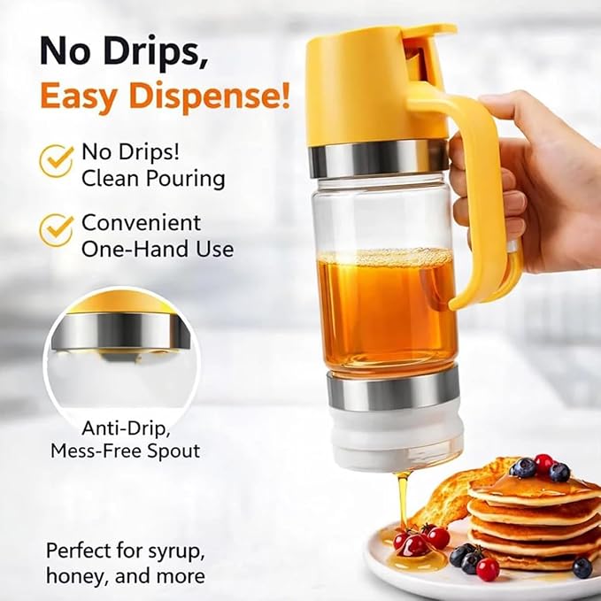 Mess Free Honey Dispenser 10oz Upgrade Syrup Pot Glass Honey Jar with Handle and Stand Leak-Proof Maple Syrup Container Oil &amp Condiment Pump For Coffee Pancakes Waffles (1PCS)