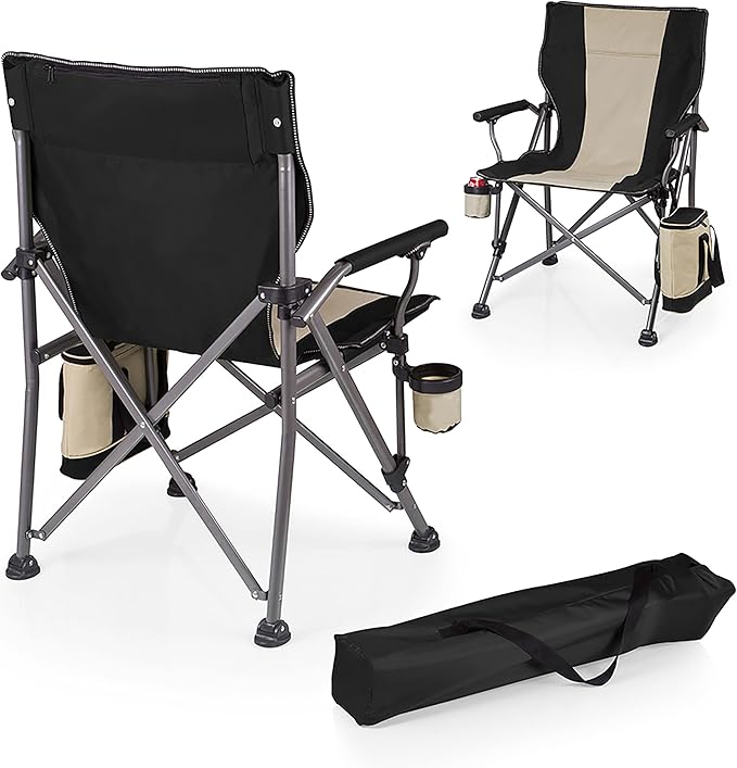 PICNIC TIME Outlander XL Heavy Duty Folding Camping Chair with Insulated Cooler Oversized Portable Lawn Beach &amp Camp Chair with Cup Holder Storage Pocket Carry Bag 400 lb Capacity (Black)
