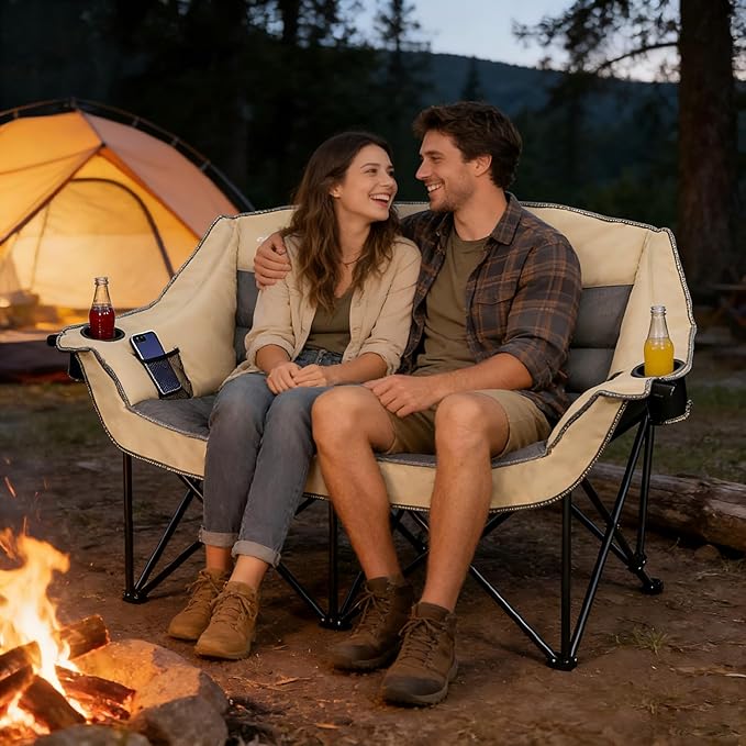 Double Folding Camping Chair Fully Padded Loveseat Camping Couch Oversized 2 Person Lawn Chair Sofa w/Cup HolderWine Glass HolderMesh Storage for Patio Picnic BeachSupport 600lbsBeige