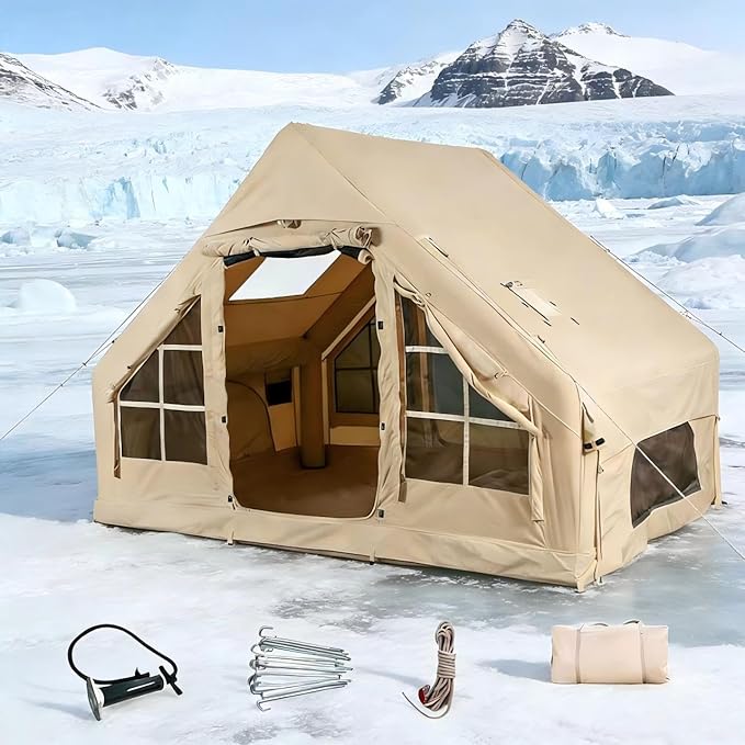 Large Inflatable Glamping Tent 4-6 Person Waterproof Camping Tent with Mesh Windows Easy Setup Air Tent for Family Outdoor Camping Hiking and Backyard (with Manual Air Pump)