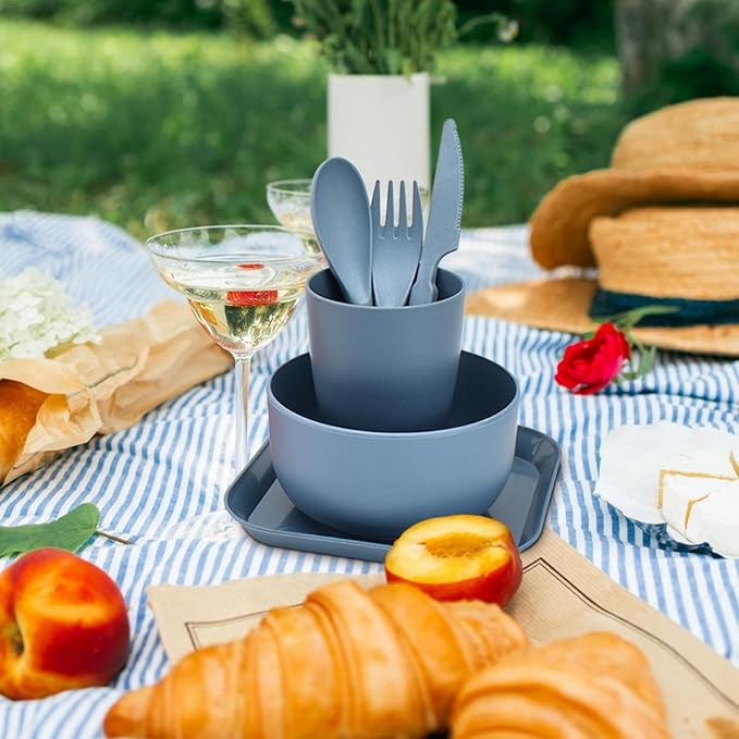 Camping Utensils Camping MessKit Reusable 4-Piece Tableware Set Flatware Cutlery Set for Travel Camping Picnic Outdoor Camping Gear Include KnifeSpoonFork Cutlery SetCupBowlPlate