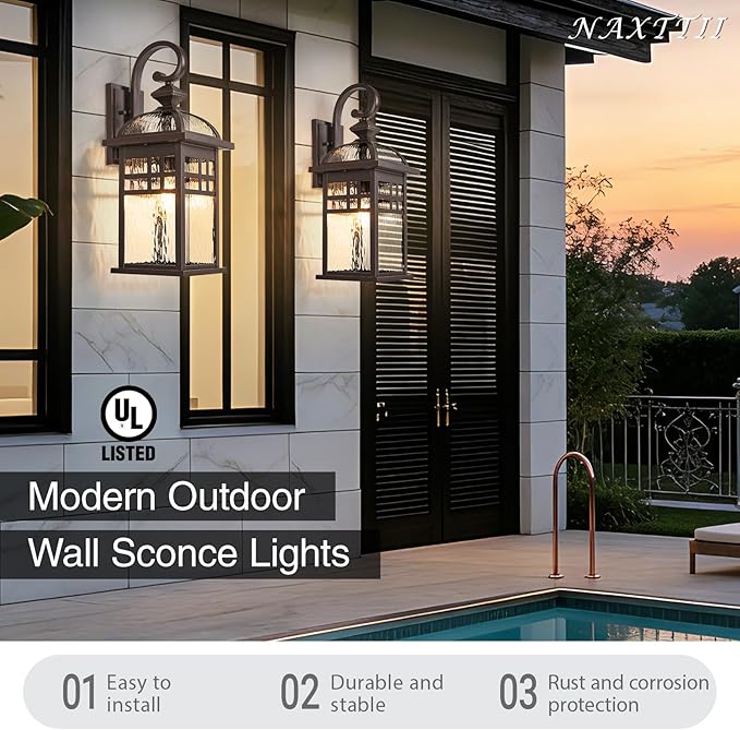 Porch Lights Outdoor Waterproof Exterior Lighting Fixture 15 Inch Height Aluminum Outdoor Wall Lights with Water Ripple Glass for Garage Patio and Door Way