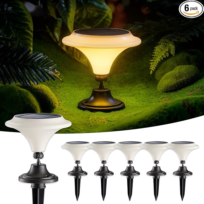 Solar Table Lights Outdoor 6 Pack Classic Martini-Shaped Lanterns with Base &amp Ground Stakes Waterproof LED Solar Powered Decorative Lights for Patio Table Garden Path (Warm White)