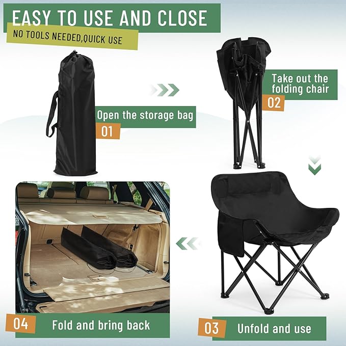 2 Pack Compact Camping Chairs Portable Folding for Outside with Carry Bag Lightweight Moon Chairs for Travel Picnic Hiking Beach Fishing 600D Oxford Supports 330lbs(Black)