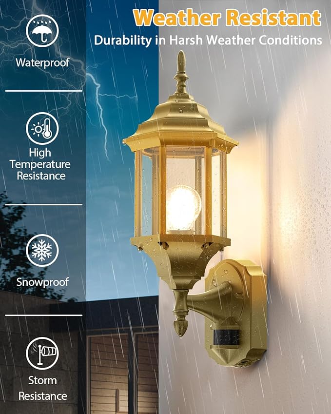 Redluck Motion Sensor Outdoor Lights 2 Pack 16 inch Dusk to Dawn Outside Porch Lights Waterproof Anti-Rust Aluminum Outdoor Wall Lights Exterior Lighting Fixtures for House Garage Front Door Gold