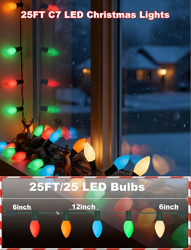 C7 LED Christmas Lights 25Ft Multicolor Christmas String Lights Outdoor with 27 Ceramic LED Light Bulbs String Lights for Tree Decor Patio Carnival E12 Candelabra Base Base