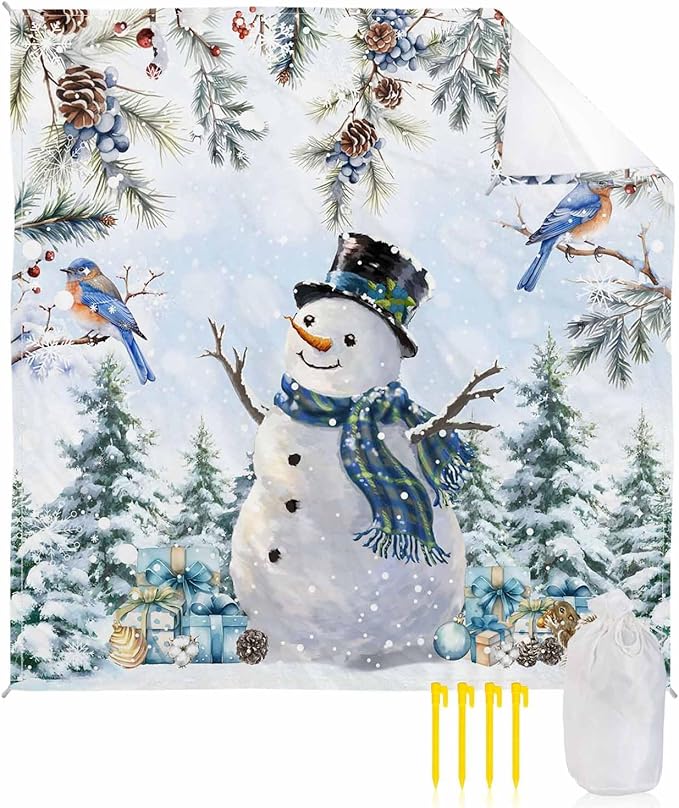 Beach Blanket Waterproof Sandproof Oversized Watercolor Winter Snowman Squirrel Beach Mat with Corner Stakes Sand Pockets Christmas Bird Outdoor Picnic Mat for Travel Camping Hiking 118x108In