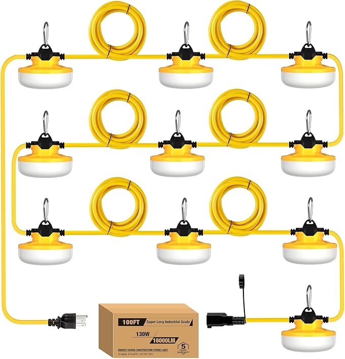 100FT Construction String Lights 3Prong Temp Lighting130W 16000LM Industrial String Work Lights IP65 Waterproof 18AWG Wire 5000K Super Bright for Jobsites Temporary Outdoor &amp Crawl Space Lightin