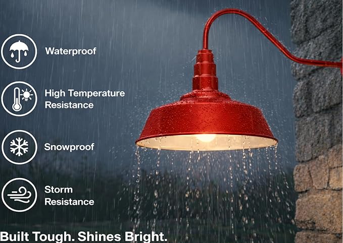 AGB102-AS20-RED Gooseneck Barn Light - RED Outdoor Dome with Incandescent Downlight | Wall-Mount Fixture for Patios Gardens Pathways and Large Outdoor Living Spaces