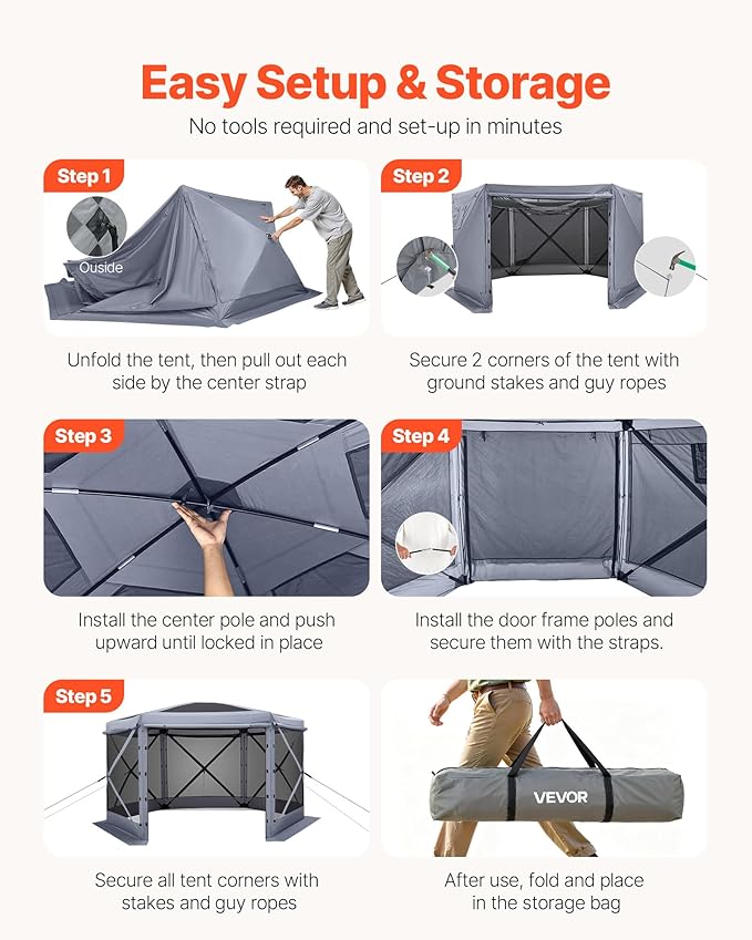 VEVOR Pop up Gazebo Screen Tent 12 x 12 ft Large 6-Sided Camping Canopy Tent with Removable Top &amp Carry Bag Quick-Set &amp Bite-Proof Screen House Sun Shelter for 8-10 Persons Backyard Patio