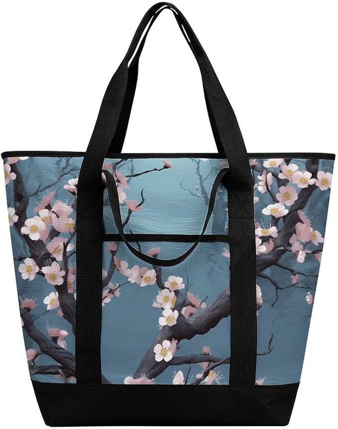 Insulated Shopping BagLarge Reusable Cooler Bags Cherry Blossom Printed Foldable Shopping BagTravel Waterproof Shoulder Bag