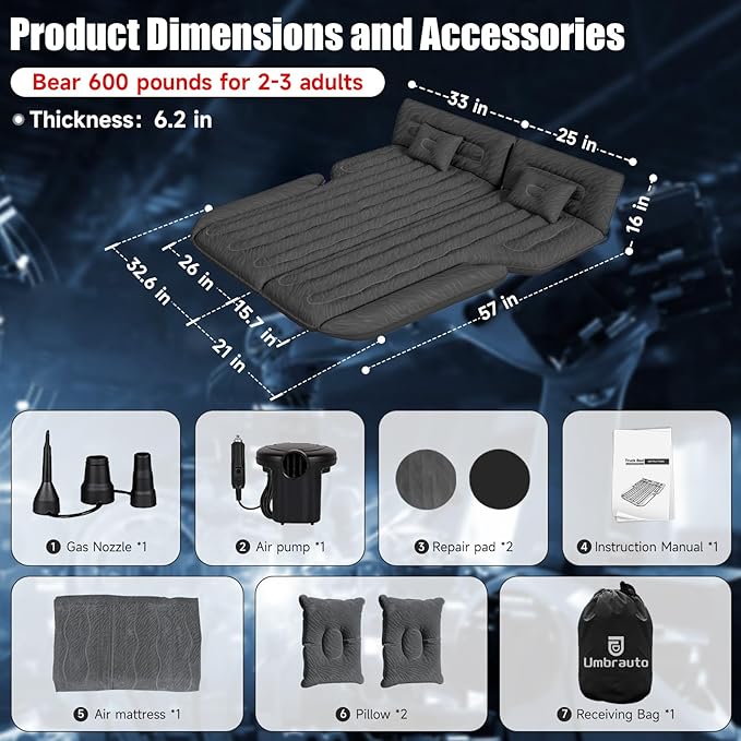 Inflatable SUV Air Mattress Bed Car Mattress Double-Sided Flocking Travel Camping Bed Car Sleeping Mattress for Universal SUV with Air Pump 2 Pillows