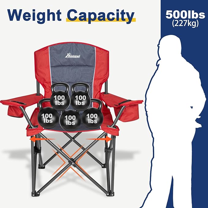 Romswi 2 Pack Oversized Camping Chairs for Adults 500LBS Heavy Duty Steel Folding Chair with Adjustable Elastic Armrests 38.5 Wide 600D Oxford Fabric 6-Can Cooler &amp Side Pockets for Outdoor Re