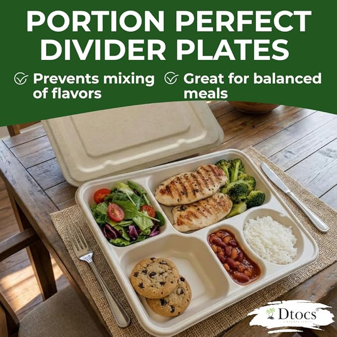 Dtocs Bamboo Fiber 5 Compartment Plates with Lid Set (20 Pcs.) 9 | Heavy Duty Multipurpose Sectional Trays Divided Plate | Microwavable Bamboo Disposable Trays Alt to Plastic Portion Paper Plates