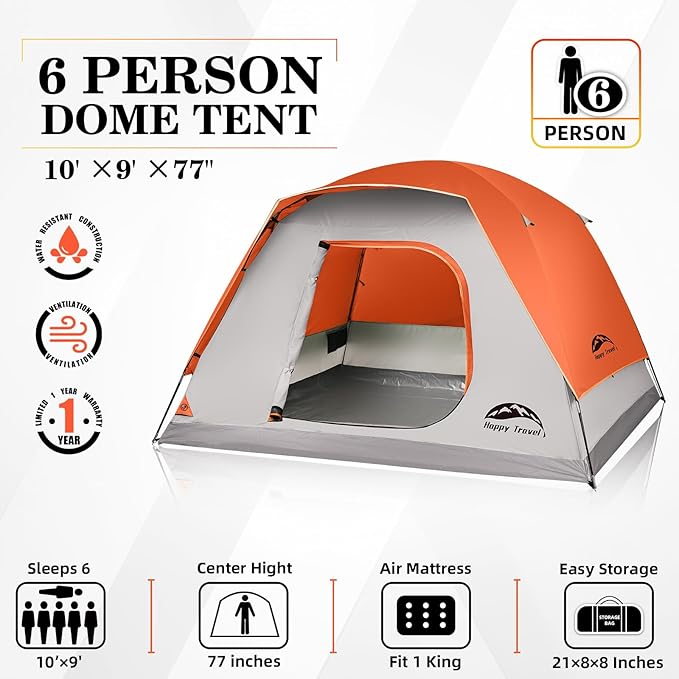 Happy Travel Camping Tent 4/6 Person Dome Tents for Camping with Rainfly Waterproof Clip Easy Setup Portable Family Tent with Mesh Windows 20% More Headroom Backpacking Tents for Camping &amp Hiki