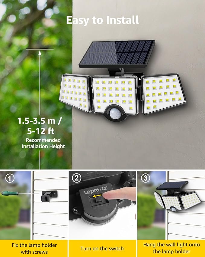 LE Solar Lights for Outside Solar Lights Outdoor with Motion Sensor WL4000 High Brightness 3 Adjustable Heads 270° Wide Lighting Angle IP65 Waterproof Wireless Wall Lamp for Yard Garage