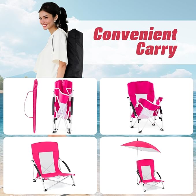 Giantex 2-Pack Low Folding Beach Chair with Detachable &amp Adjustable Umbrella Carrying Bag Padded Armrests Mesh High Back Load 330 LBS Anti-Slip Foot Pads Camping Chair for Picnic Lawn Pink