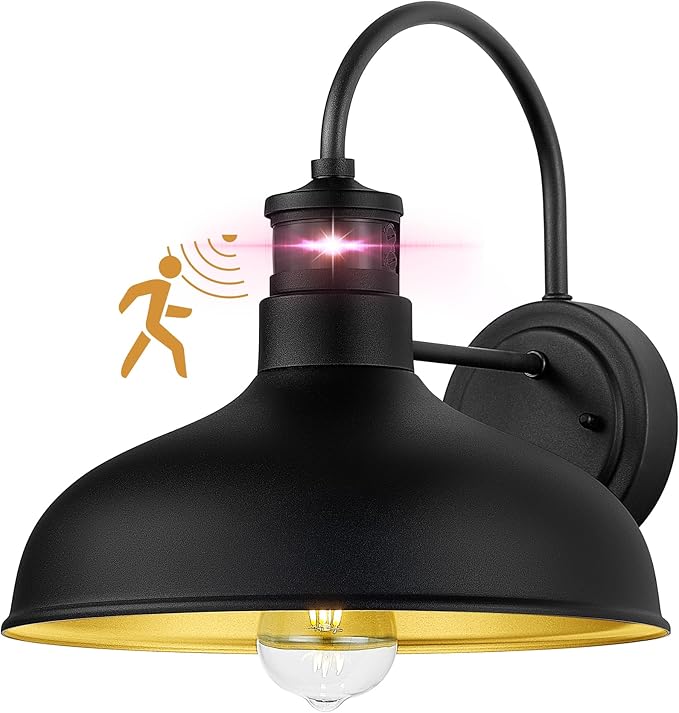 12'' Motion Sensor Outdoor Porch Lights Dusk to Dawn Wall Lights IP65 Waterproof Farmhouse Gooseneck Wall Lamp for Patio House Garage HSMD2215
