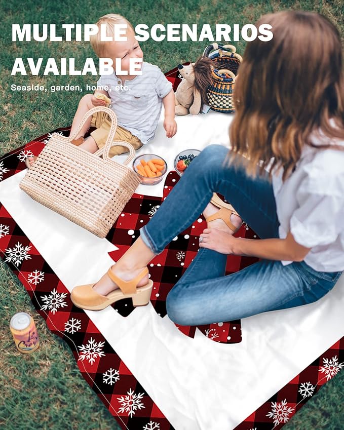 Beach Blanket Waterproof Sandproof Merry Christmas Red Buffalo Check Tree Quick Drying Beach Mat with 4 Stakes Winter Snowflake White Back Lightweight Picnic Blanket for Travel Camping 95x80