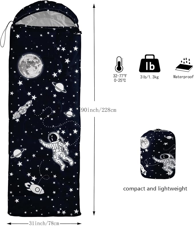 Kids Sleeping Bag for Boys GirlsRocket Astronaut Moon Print-Lightweight Warm Portable Outdoor Indoor-Waterproof Cold Weather Resistant Sleeping Bag for Camping Hiking(Rocket)
