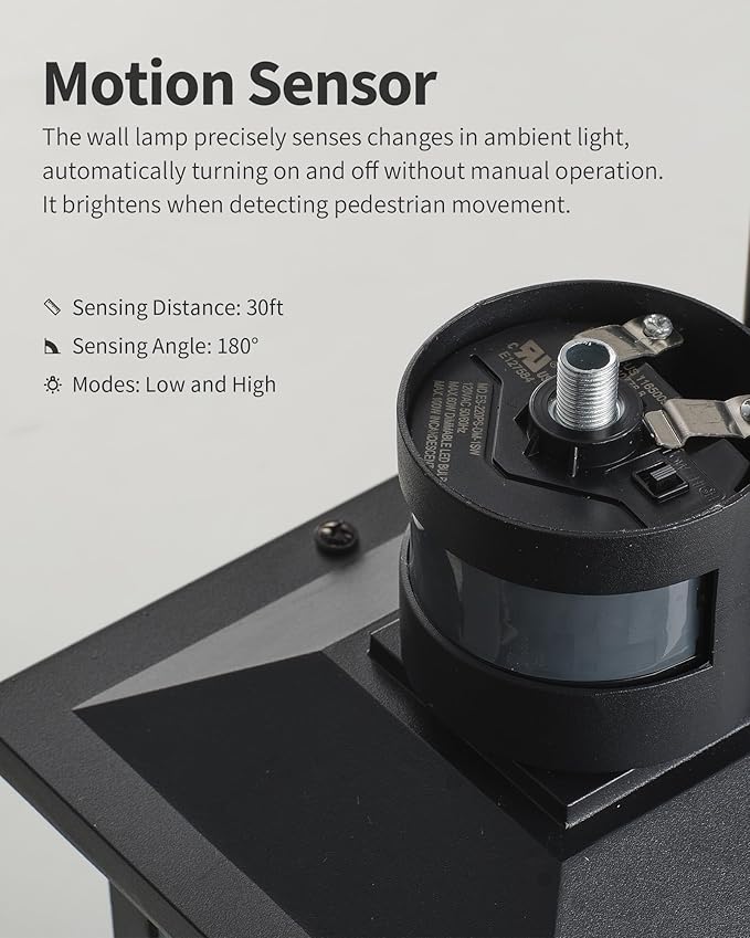 KDG Outdoor Motion Sensor Patio Wall Light Fixtures Set of 2 Black E26 Socket Waterproof Lanterns with Tempered Glass Modern Wall Mounted Lamps Suitable for Home Front Door Garage Porch