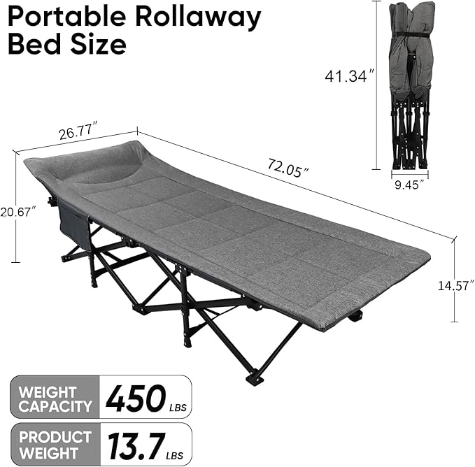 Northroad Camping Cot for Adults with Cushion and Pillow Portable Folding Bed for Sleeping Lightweight Tent cot with Carry Bag Supports 450 lbs (Grey)