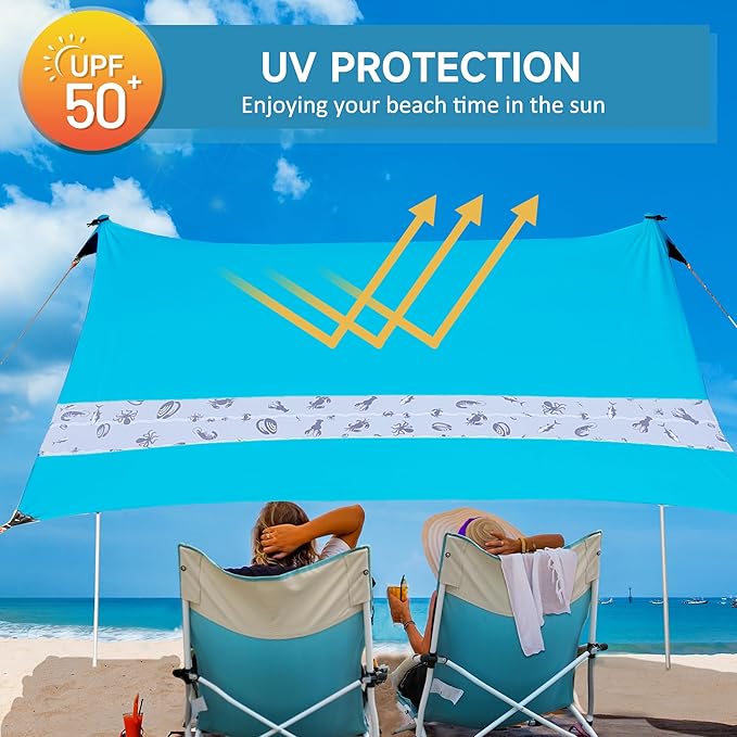 VILLEY Beach Tent Sun Shelter with UPF50+ Protection for 5 Person 8x7FT Portable Sun Shade with 2 Stability Poles and 4 Sandbags Outdoor Beach Canopy for Camping Picnics Fishing Outdoors(Blue)