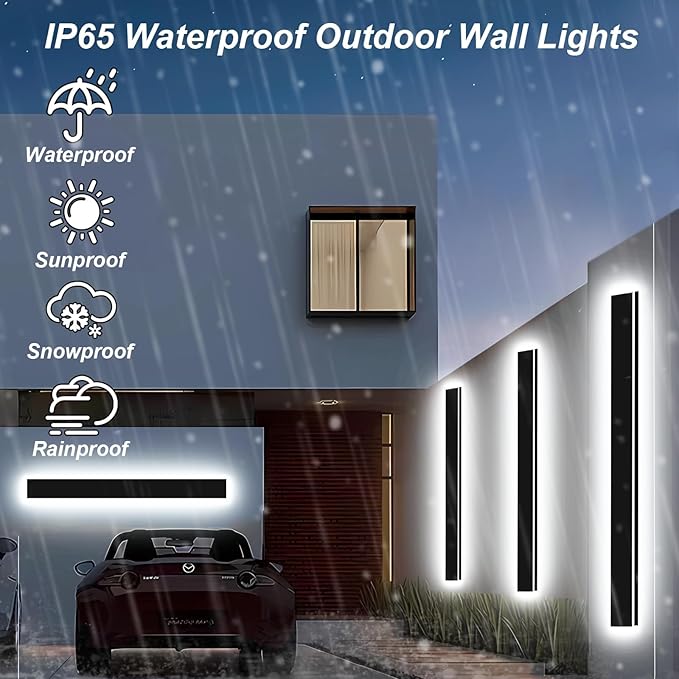 2pcs 47in Long Outdoor Modern LED Wall Lights 4.33in Wider Coverage IP65 Waterproof Black Outdoor Sconce Lights 3000K-6000K Dimmable Exterior Wall Light Fixtures for House Garage Front Door