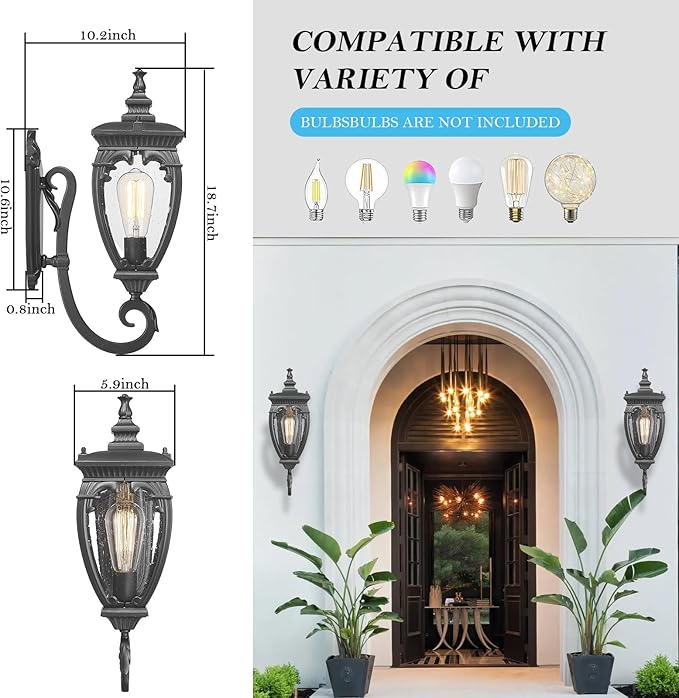 Porch Light Outdoor Wall Lights Exterior Lighting Fixtures 18.7 Inch Waterproof Black Porch Lights Outdoor Wall Sconces Light Fixture with Seeded Glass for Outside Patio Garage