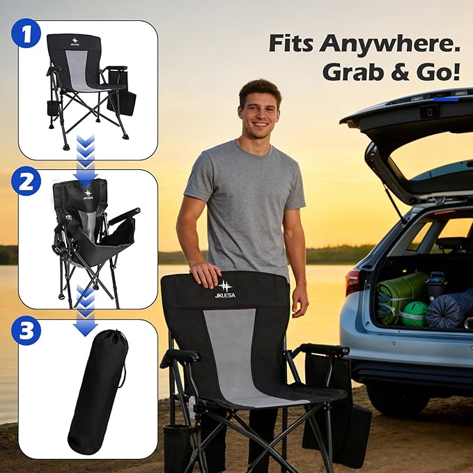 XL Premium Camping Chair - 400lb Capacity Oversized 23.7 Wide Seat Heavy Duty 600D Oxford Fabric Padded Camping Chair Portable for Outdoor Beach Tailgate Parties Solid Slate