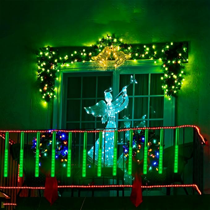 Kwaiffeo Green Christmas Lights 24 Tubes Meteor Shower Lights(Equivalent to 3 Sets of 8-Tube) for Halloween Christmas Decorations Outdoor Green Lights for Xmas St. Patrick's Day Party Tree UL Plug