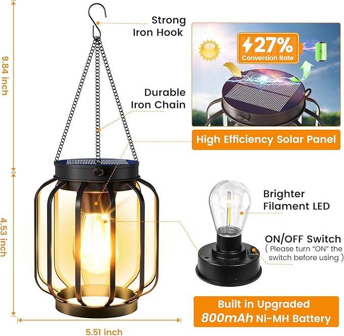 Solar Lanterns Outdoor Waterproof 4 Pack 14.37'' Metal Hanging Solar Lights for Outside with Auto On/Off &amp Hook - Brighter Hanging Outdoor Lanterns Decorative Lighting for Garden Patio Yard
