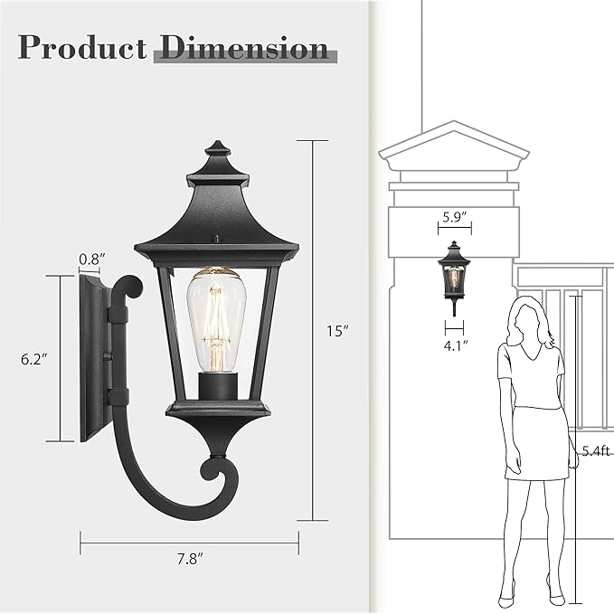 Emliviar 2 Pack Outdoor Sconces Wall Lighting 15 Inch Modern Outdoor Wall Light with Clear Glass Black Finish XE292UB-2PK BK