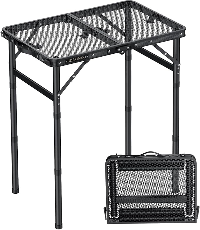 Folding Camping Table 22 x 15 Picnic Table with 3 Adjustable Height Max 27.5 Matte Black Aluminum Folding Table with Handle for Party Dining Garden Patio Market (2-Fold Mesh Tabletop)