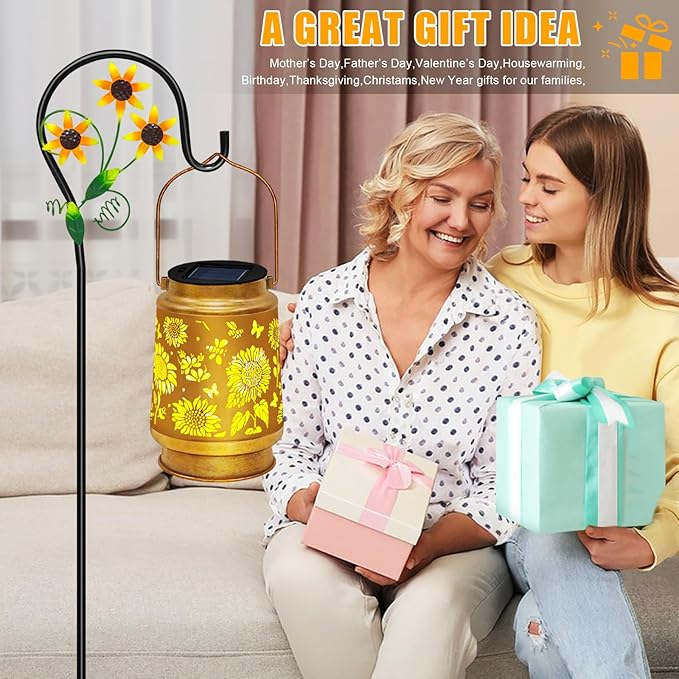 Sunflower Hanging Solar Lanterns Outdoor Waterproof with Shepherd Hook Birthday Gifts for Women Mom GrandmaGarden Decor Outside for Yard Patio Backyard Porch