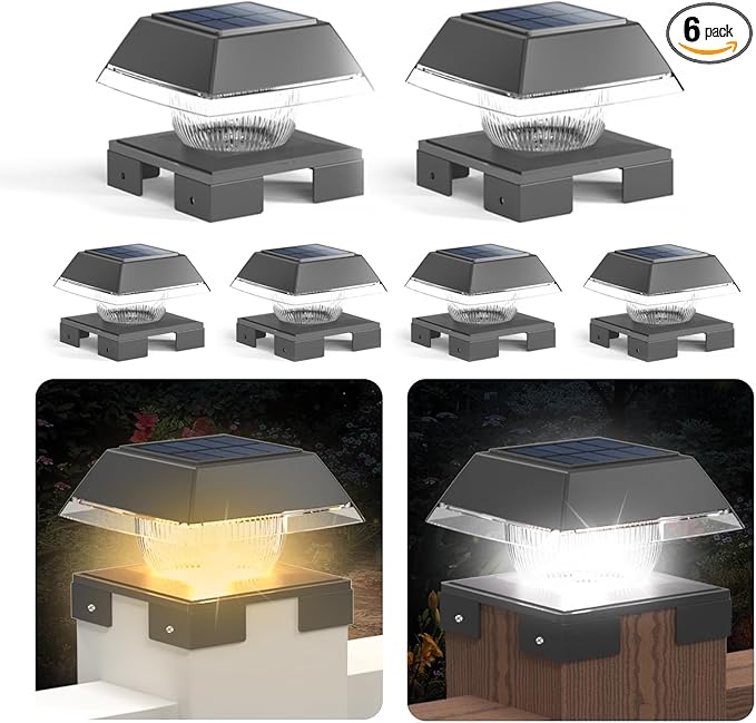 Solar Post Cap Lights Outdoor Deck Fence Post Lights wtih 120 Lumen Warm Light &amp Cool Light 3.5in-5.5in Adjustable Base Fit 4x4 5x5 Wood Post &amp 4x4 Vinyl/Metal Post for Patio Porch Backy
