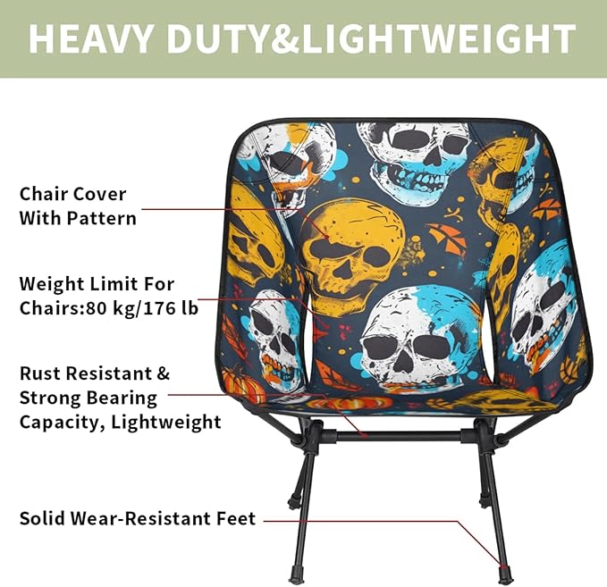 Honeybaby Folding Camping Chair Skulls Print Camping Chairs Lightweight Portable Chair Outdoor Foldable Chairs for Camping Travel Picnic Beach Hiking