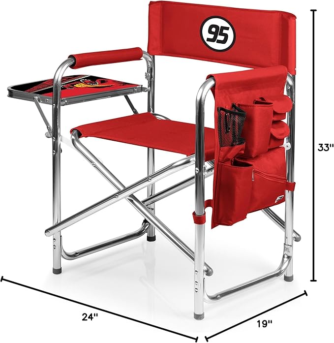 PICNIC TIME Disney Cars Lightning McQueen Sports Chair with Side Table Folding Beach and Camp Chair Portable Outdoor Chair with Carry Strap and Storage Pockets (Red)