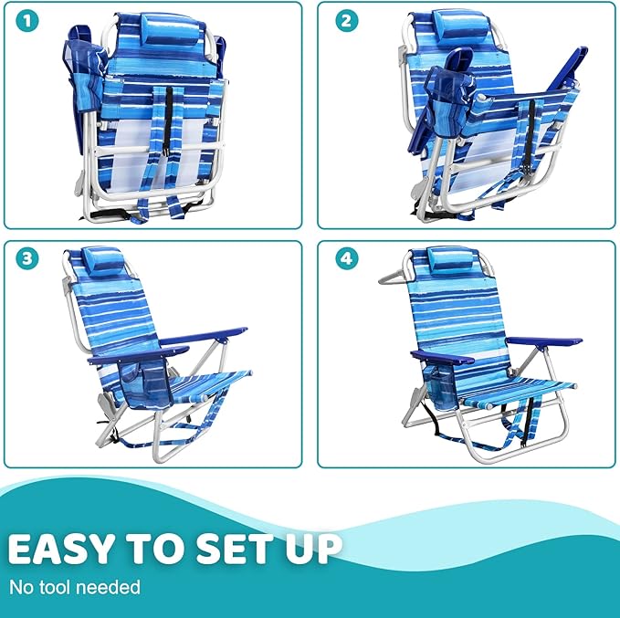 LEMBERI Backpack Beach Chairs for Adults1/2 Pack Folding Heavy Duty Camping Chair with Large Pockets and Cup HolderAdjustable high Beach Lounge Chairs with Towel Rack for OutdoorTravel (2 Blue)