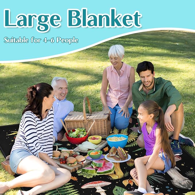 Mushroom Picnic Blankets Waterproof Foldable 80″X80″Thick Three Layer Picnic Mat Outdoor Blanket for Grass Large Beach Blanket Sandproof Picnic Accessories for Camping Party Park Patio