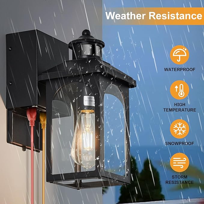 Porch Light with GFCI Outlet: 2 Pack Motion Sensor Porch Lights Outdoor with Remote Control Dusk to Dawn Exterior Lighting Fixtures Black Modern Outdoor Wall Lights for House Garage Patio