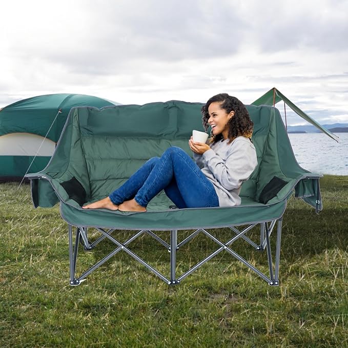 CDEN Double Padded Camping Chair Oversized Folding Loveseat Portable Outdoor Sofa with Cup Holders Carry Bag Cooler Bag Bottle Opener for Camping Picnic Lawn Garden (Green)