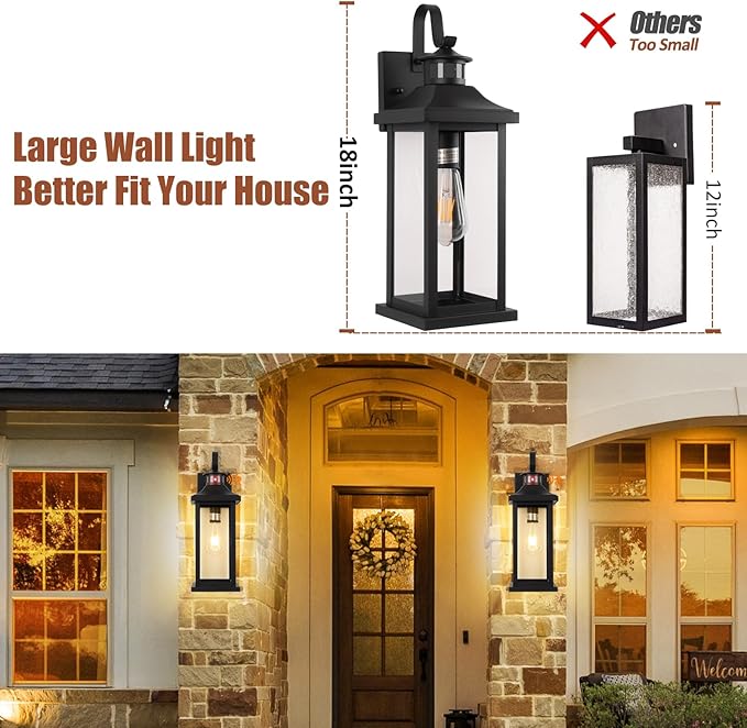 1-Pack 18 Inch Motion Sensor Front Porch Light IP65 Waterproof Large Black Dusk to Dawn Outdoor Wall Lighting for House Exterior Light Fixture Clear Glass Garage Coach Light E26 Bulb Base