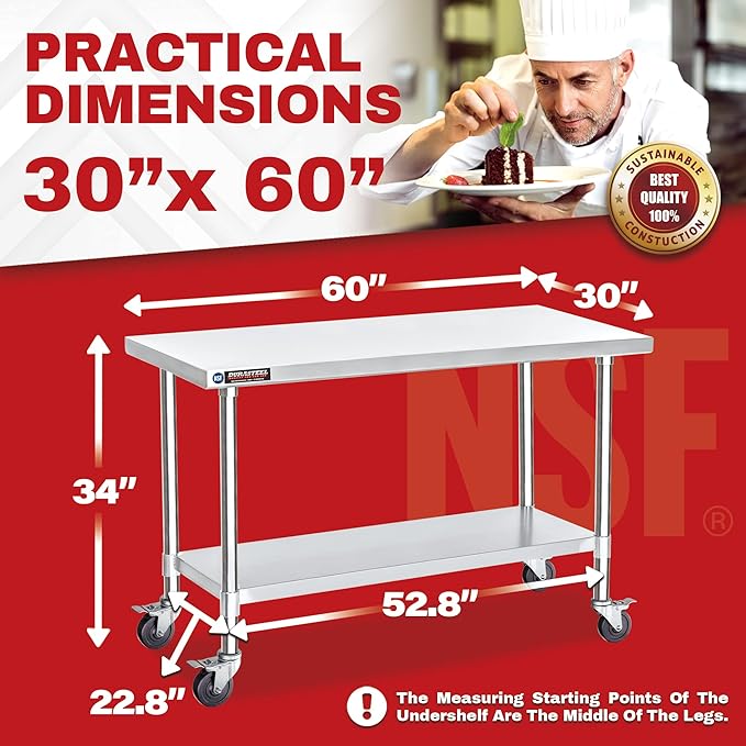 DuraSteel 30x60 NSF Stainless Steel Cart - Heavy Duty Food Prep Table with Undershelf - Rolling Kitchen Island on Wheels for Commercial Restaurant Kitchen Garage Outdoor Cooking BBQ Grill Counter