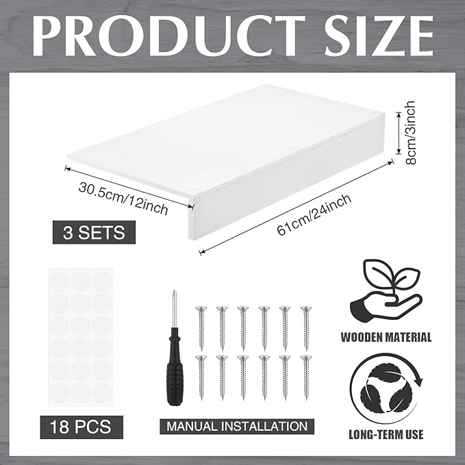 Hoolerry 3 Sets Wire Shelf Covers Wood Wire Rack Covers for Shelving Pantry Closet Removable Closet with 18 Grain Stickers for Pantry Home and Kitchen Organization(24 x 12 InchWhite)