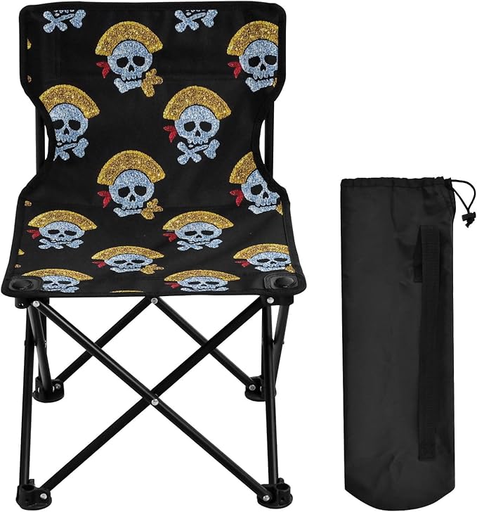 Fake Glitter Cartoon Pirate Skull Black Portable Youth Camping Chair Lightweight Ice Fishing Chairs with Carrying Bag